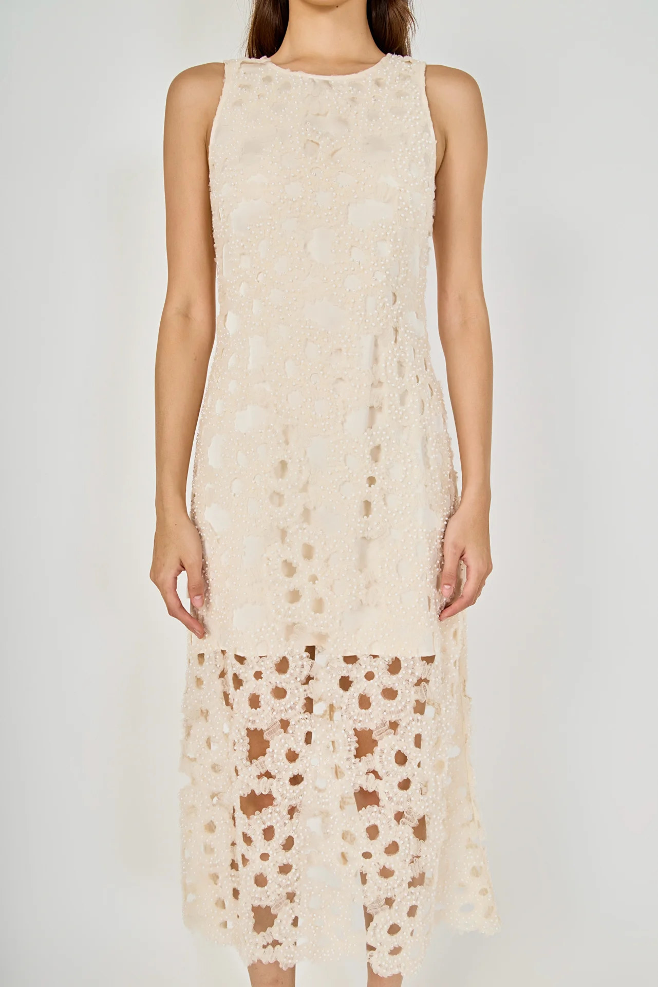 Pearl Floral Lace Midi Dress - vipsense