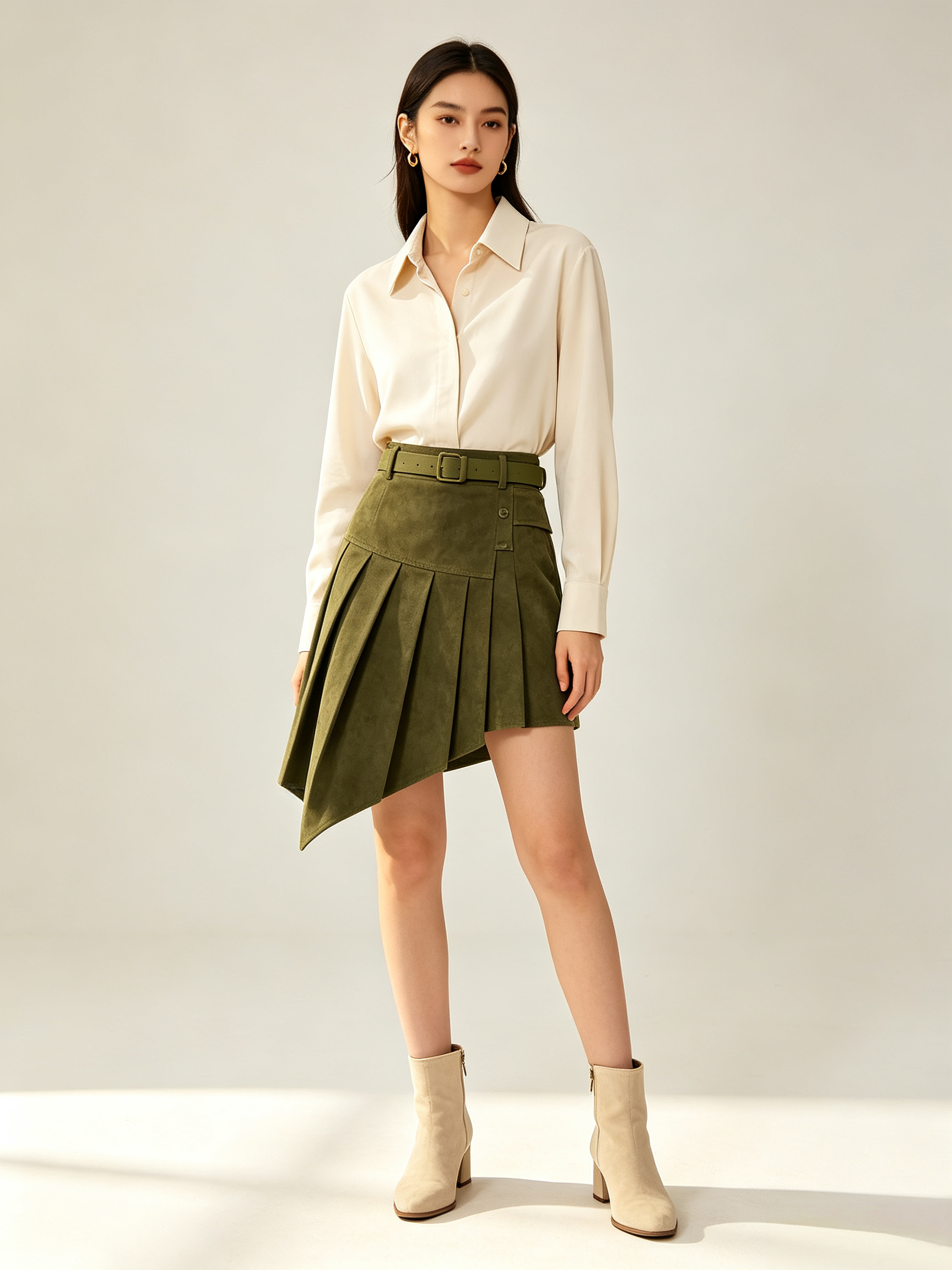 Asymmetric Pleated Suede Effect Mini Skirt