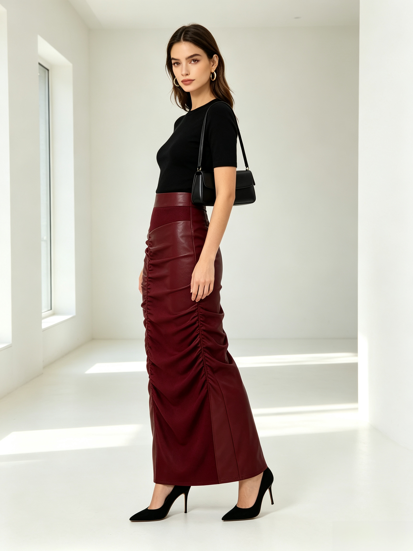 Faux Leather Panel Ruched Midi Skirt