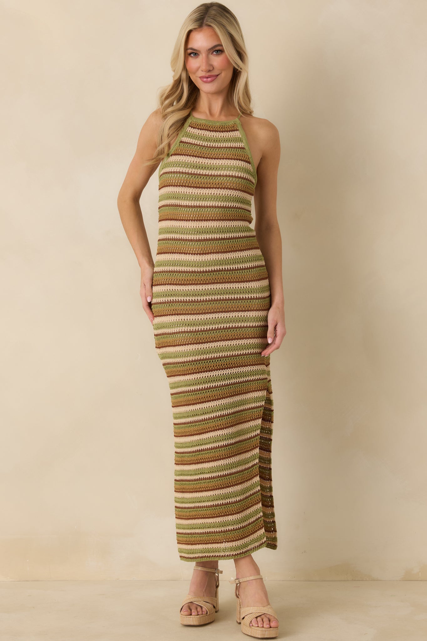 Earth Angel Green & Brown Stripe Crochet Halter Maxi Dress - gazingly