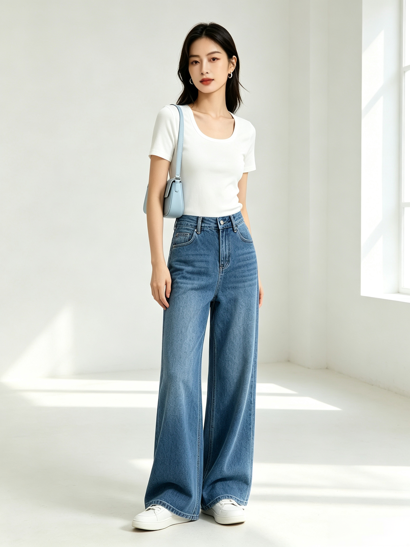 Buttoned Solid Color Zipper Loose Wide Leg Trousers Jean Pants Bottoms