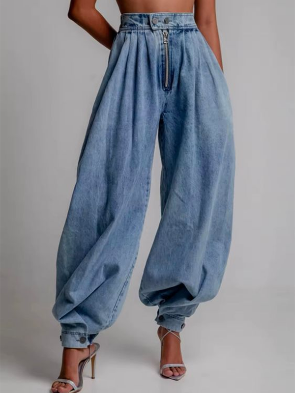 Buttoned Solid Color Zipper Loose Trousers Knickerbockers Jean Pants Bottoms