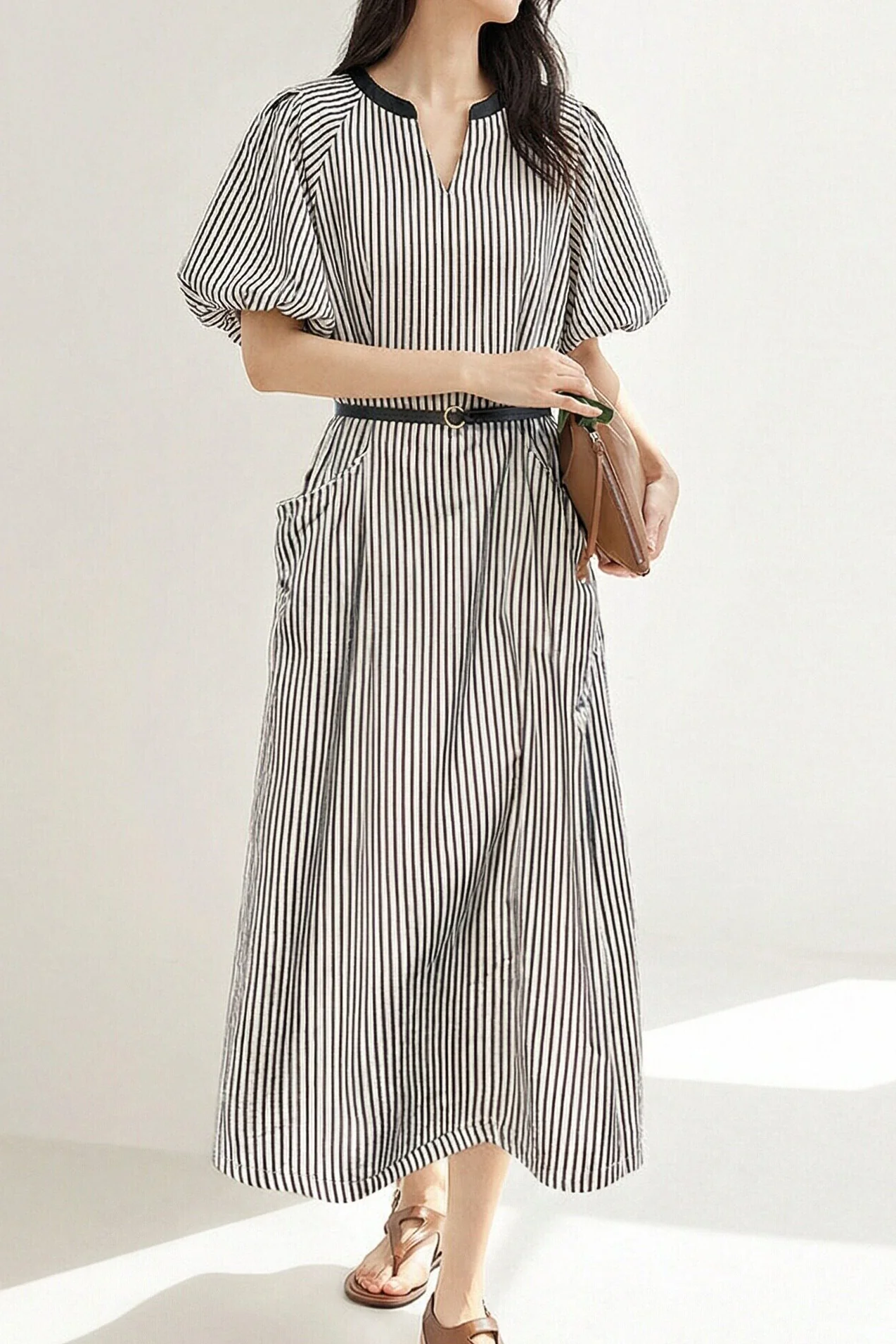 Casual V-Neck Puff Sleeve Striped Dress - gazingly
