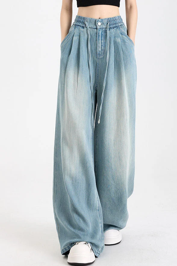 Zipper and elastic waist drawstring denim loose wide-leg pants - gazingly