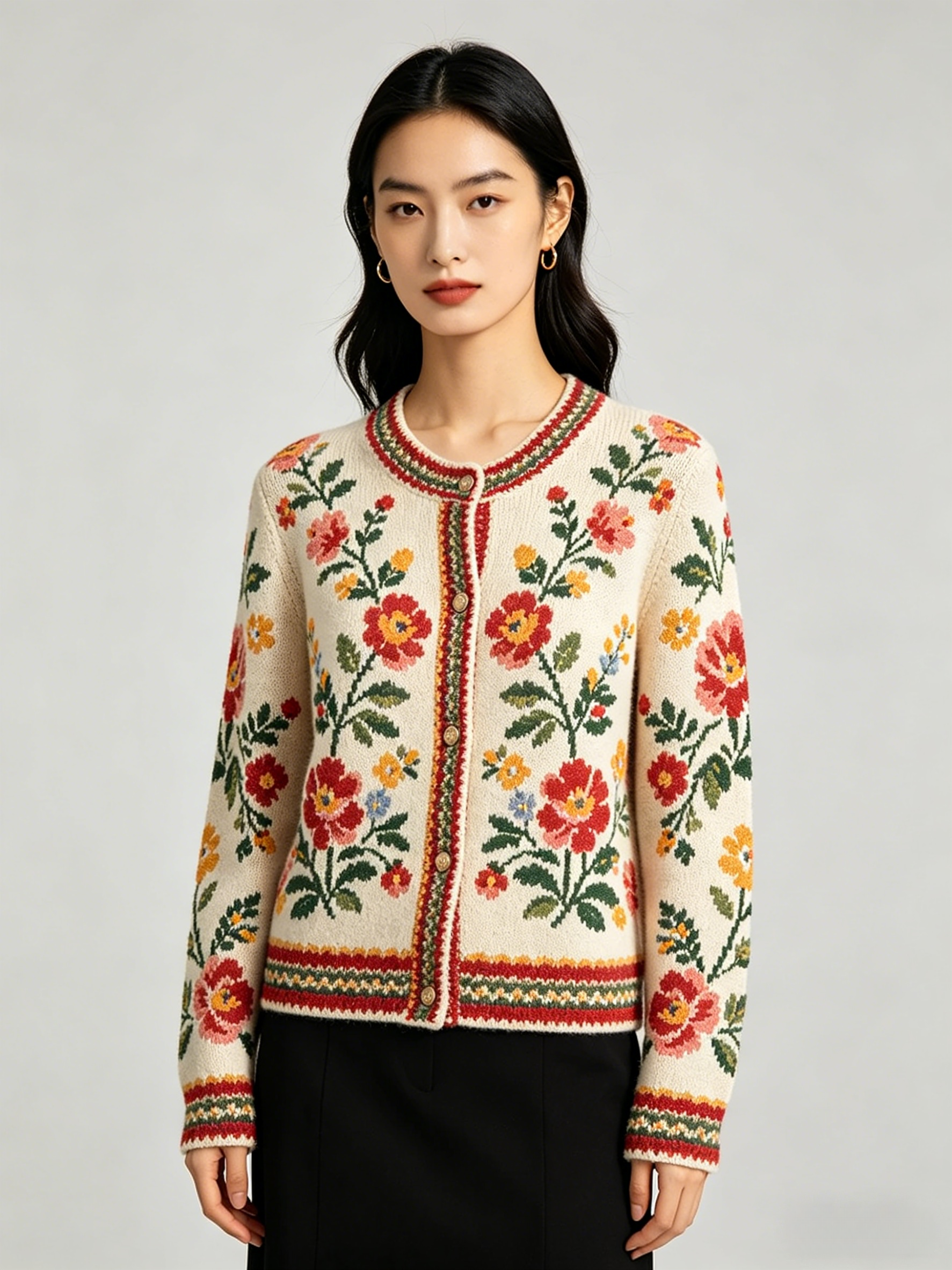 Floral Pattern Contrast Trim Cardigan-Purple