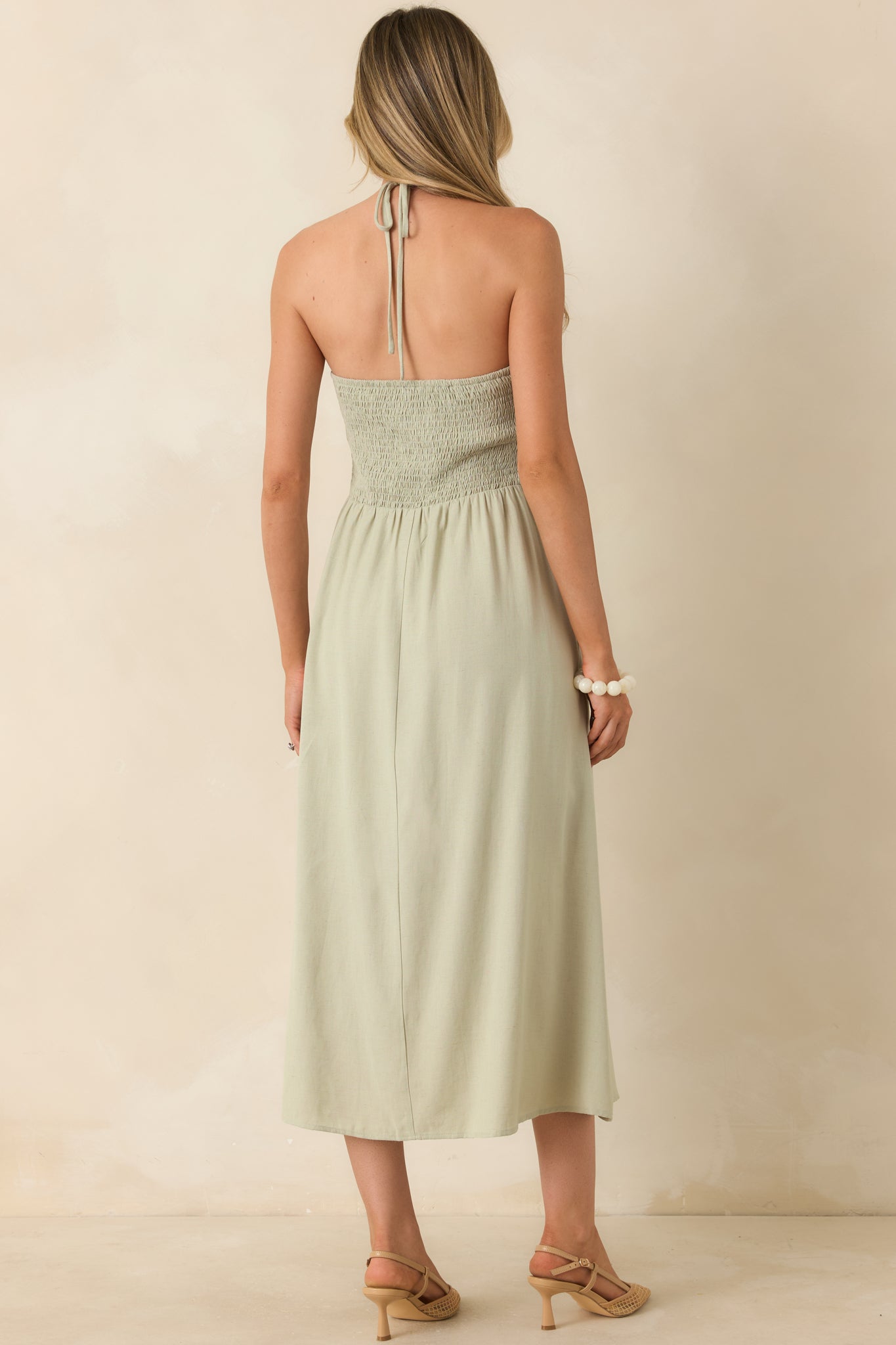Sage Green Beaded Halter Midi Dress - gazingly