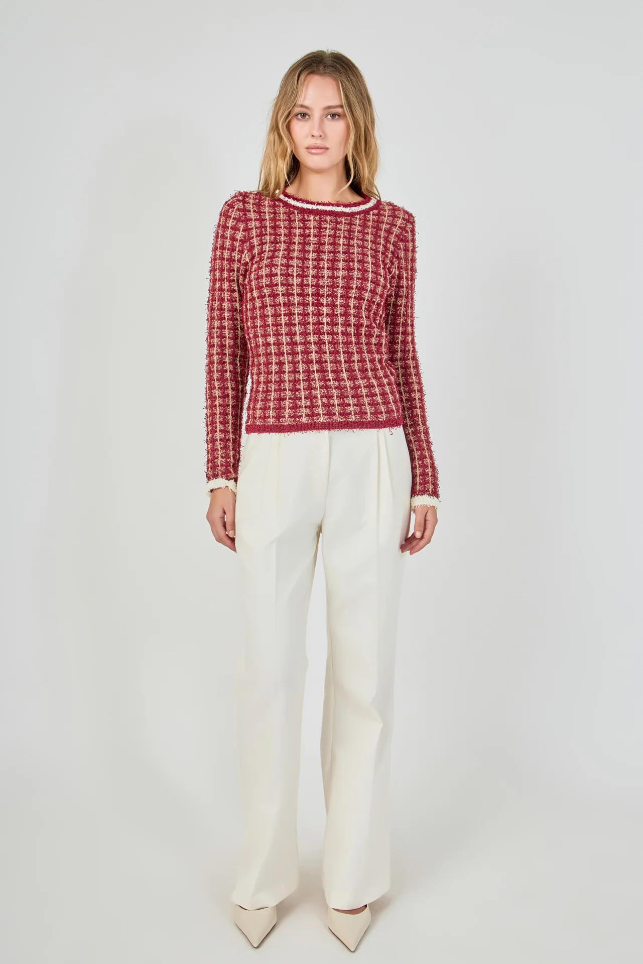Textured Check Knit Sweater - vipsense