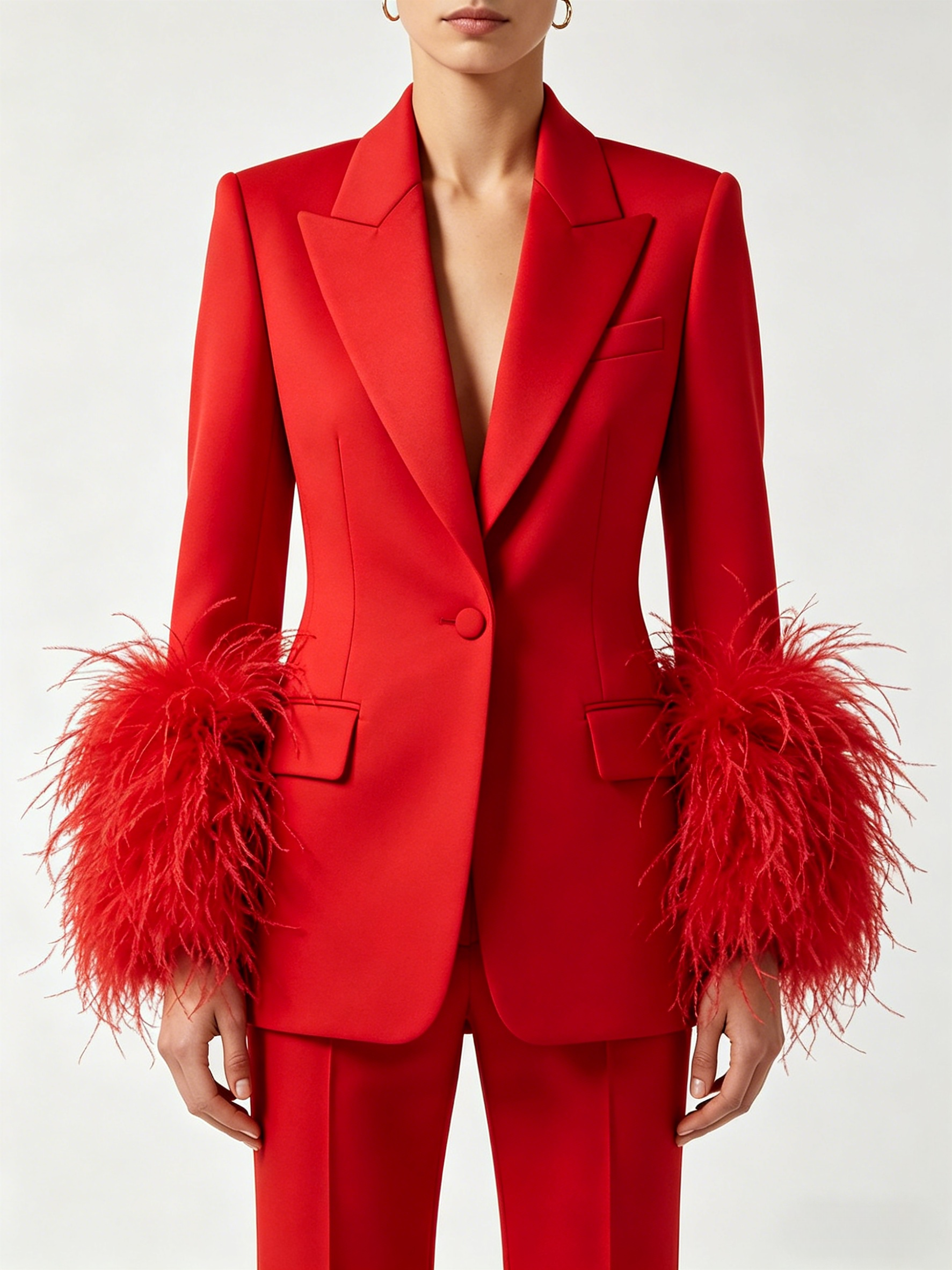 Radiance Red Feather Cuff Blazer & Pants Set