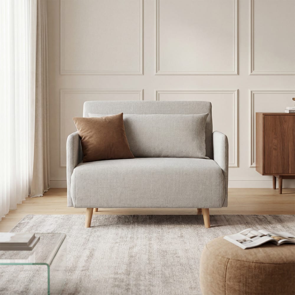Belushi - Fauteuil convertible en tissu pieds bois clair - Beige