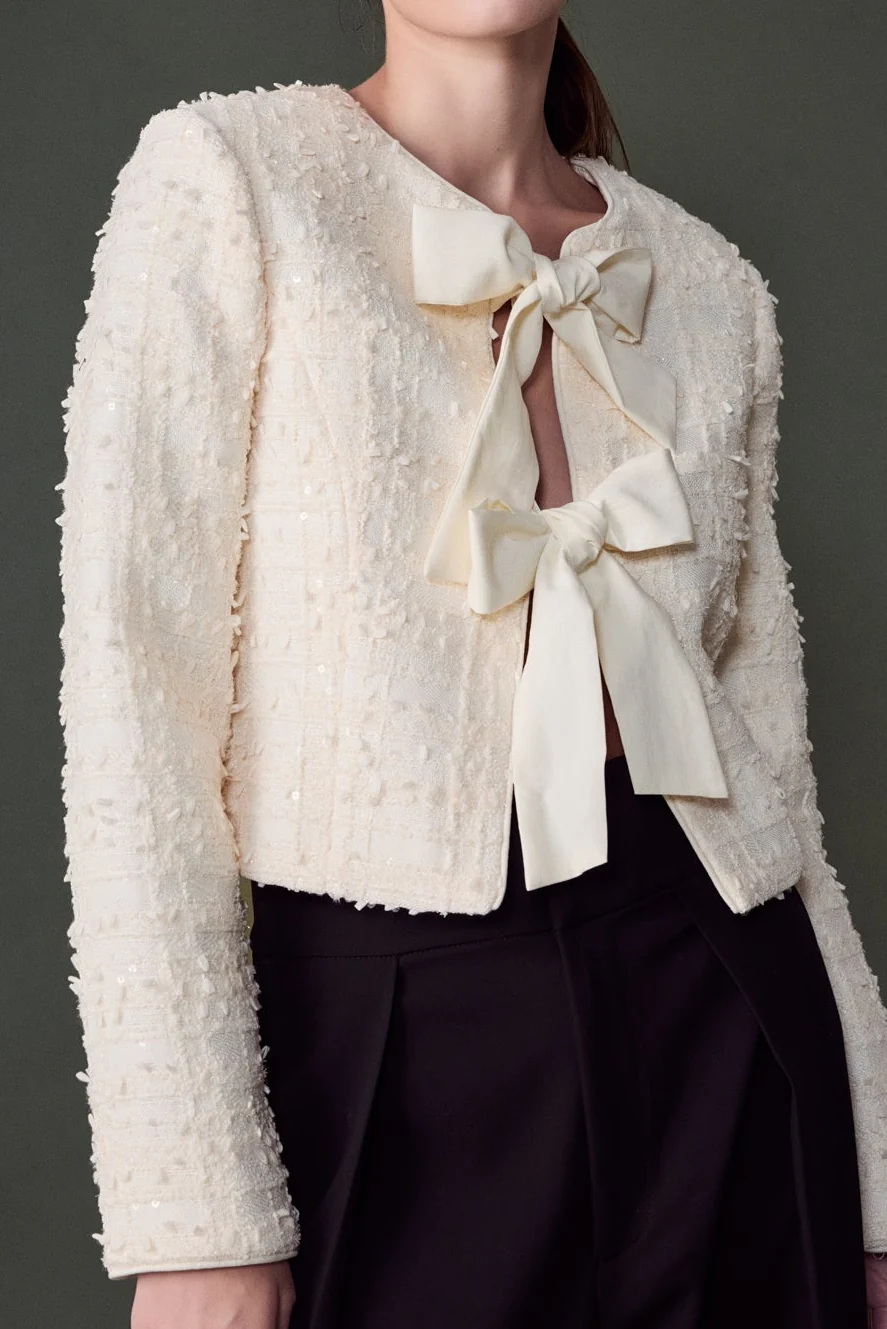 Bow Tie Textured Tweed Jacket - vipsense