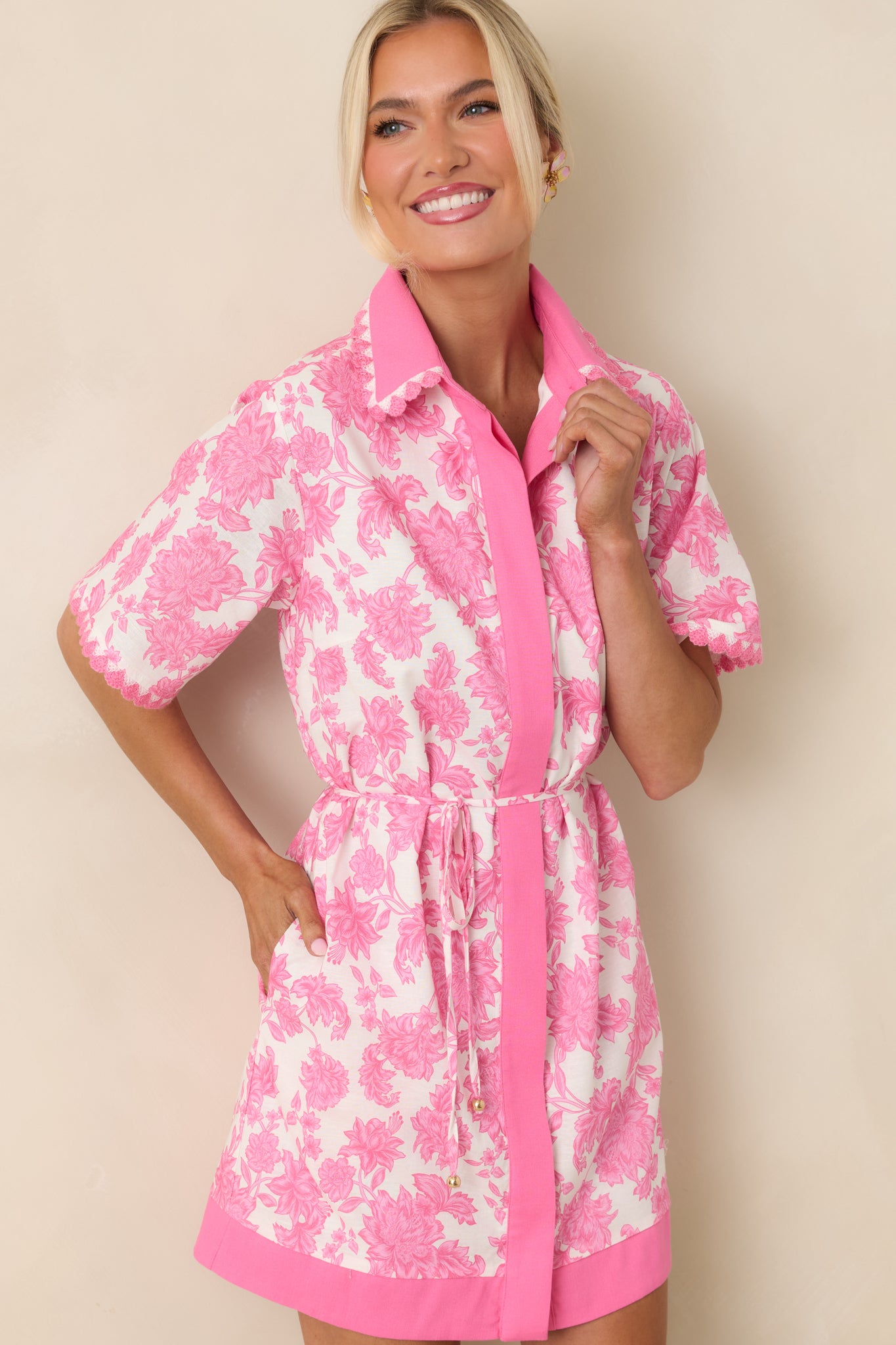 Pretty Impressive Pink & Ivory Floral Cotton Linen Mini Shirt Dress - gazingly