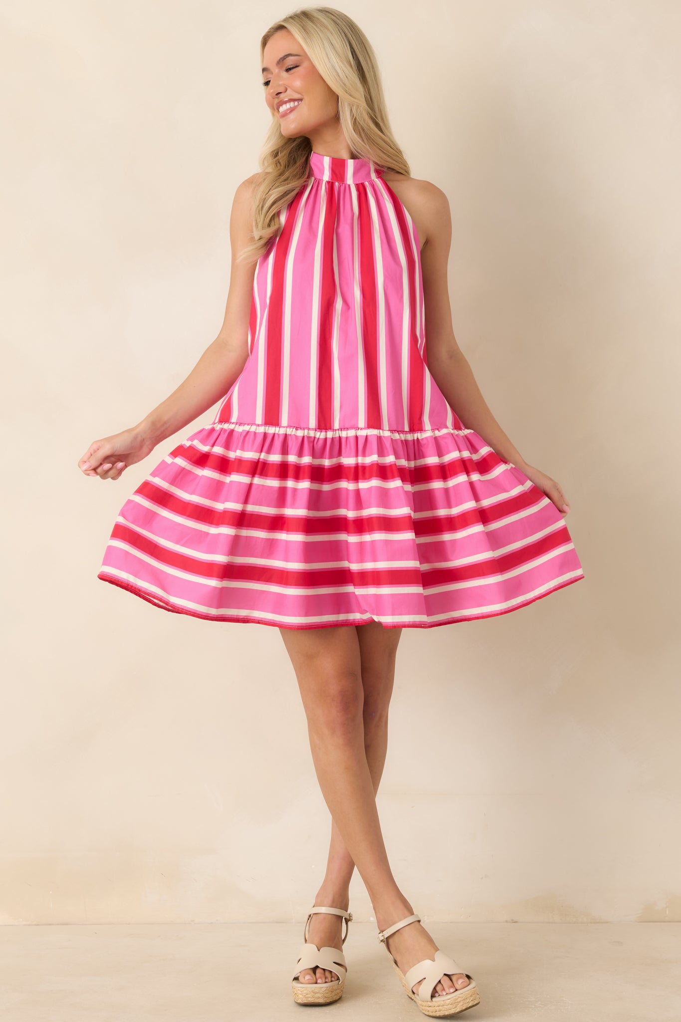 Red & Pink Stripe Cotton Halter Tiered Mini Dress - gazingly