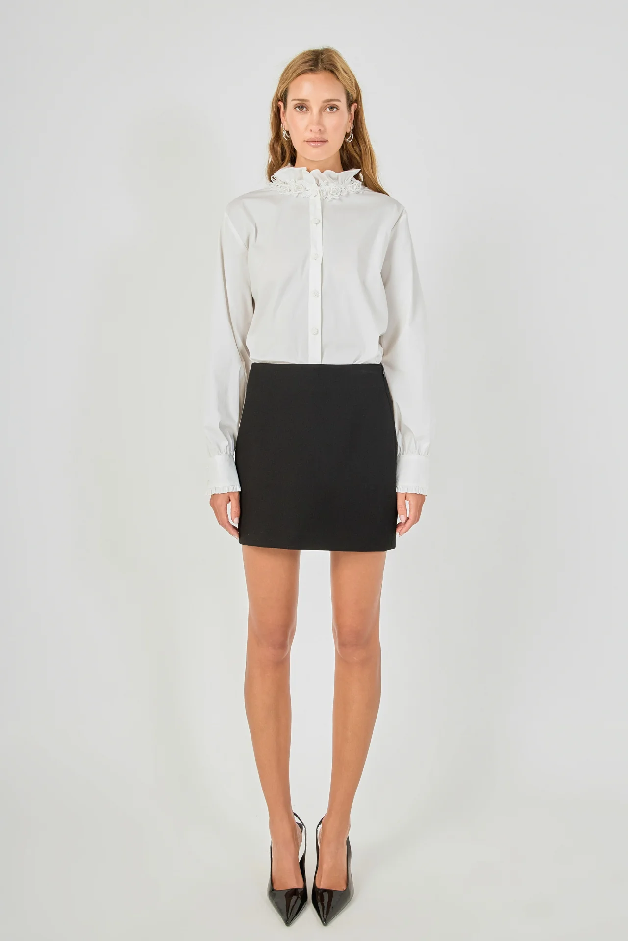 Embroidered Ruffle Collar Blouse - vipsense