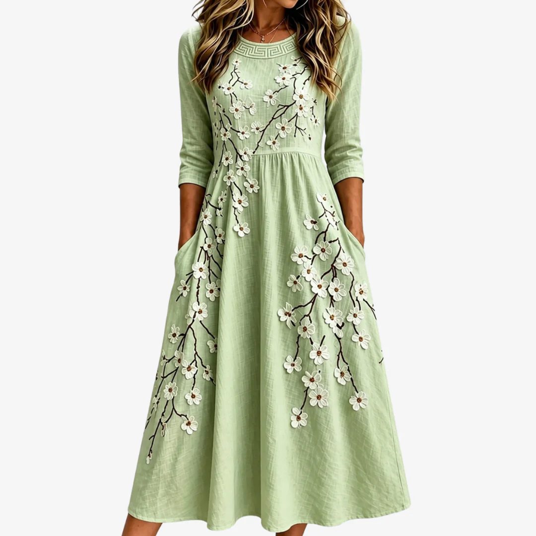 Sage Blossom Garden Pocket Midi Dress