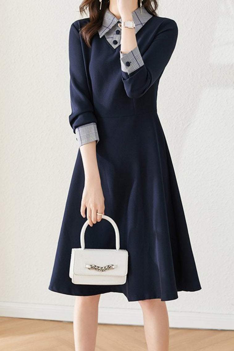 Mixed Material Shirt Collar Check Contrast Flare Dress - gazingly