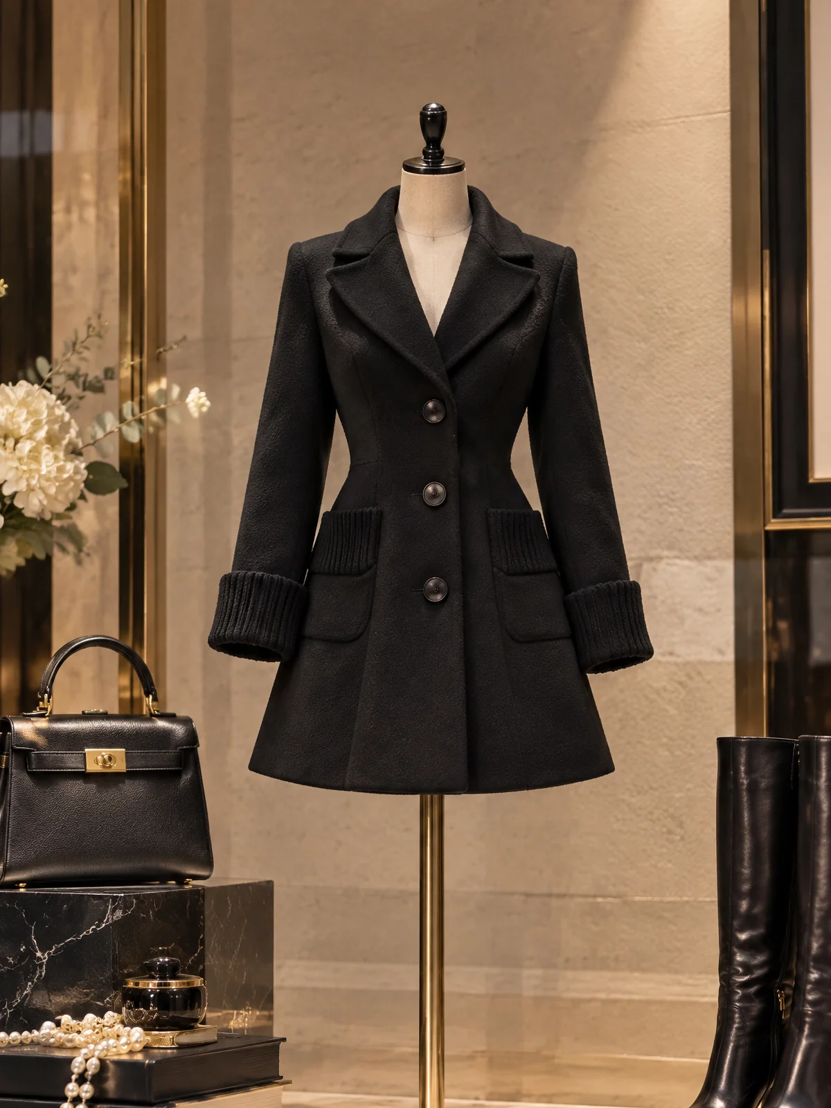 Ribbed-Cuff Notch-Lapel Fitted Wool Coat - jugjet