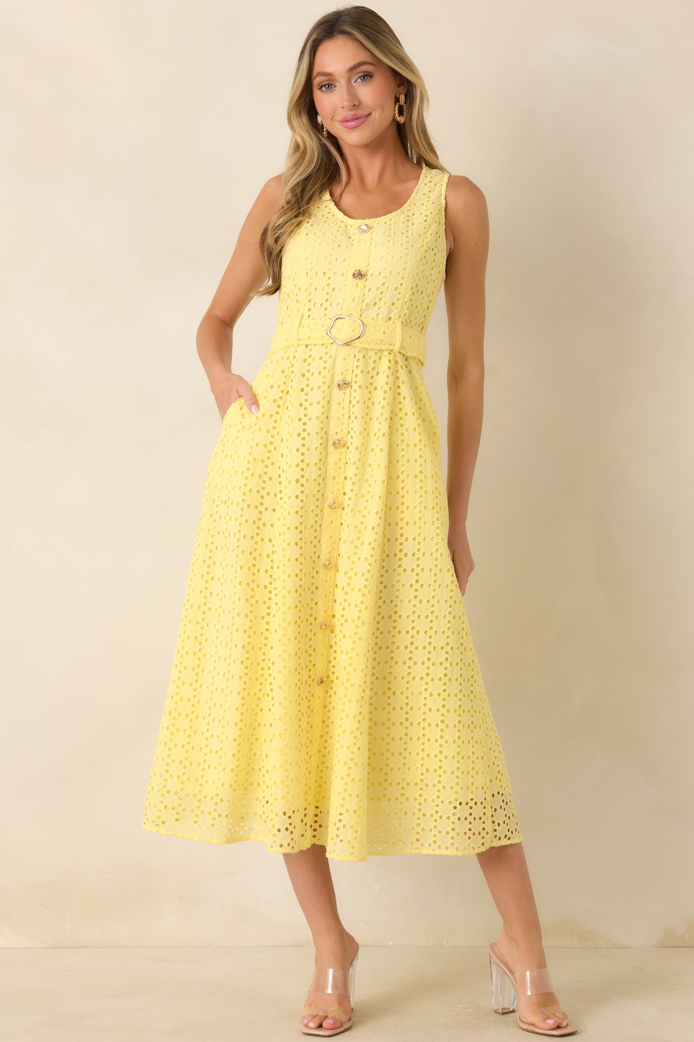 Yellow Cotton Eyelet Sleeveless Midi Dress - gazingly