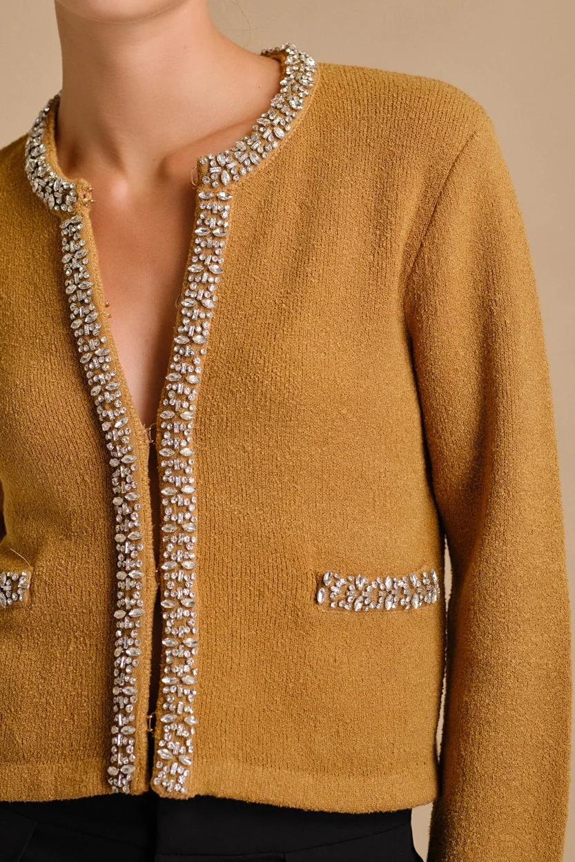 Boucle Knit Jewel Trim Sweater Cardigan - vipsense
