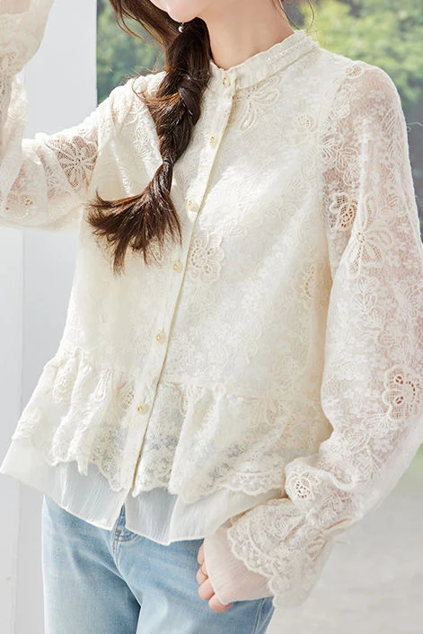 Elegant Date Ruffled Stand Collar Long‑Sleeve Lace Blouse - gazingly
