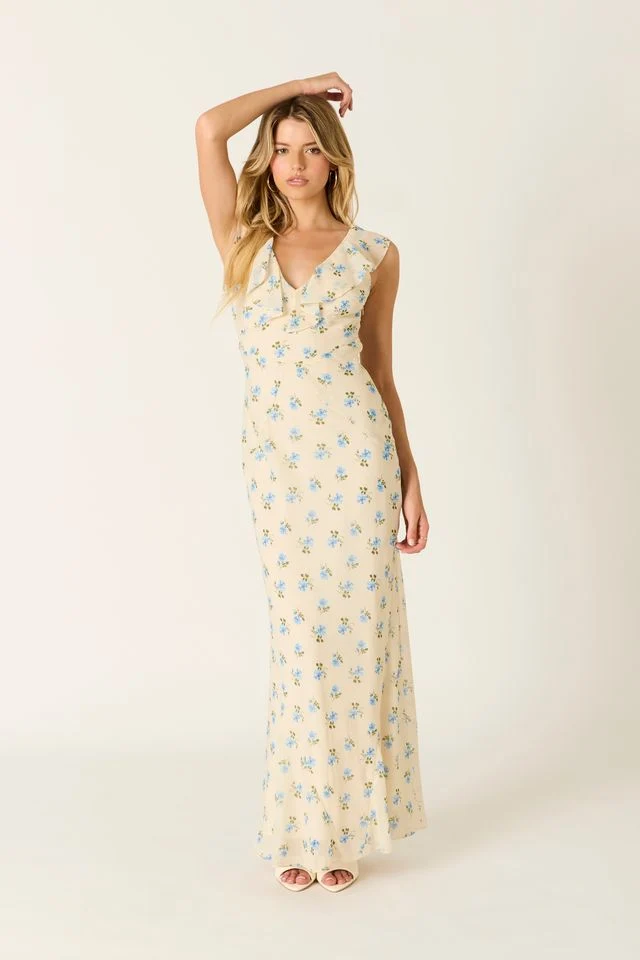 Ruffle Trim Floral Maxi Dress - guttulla