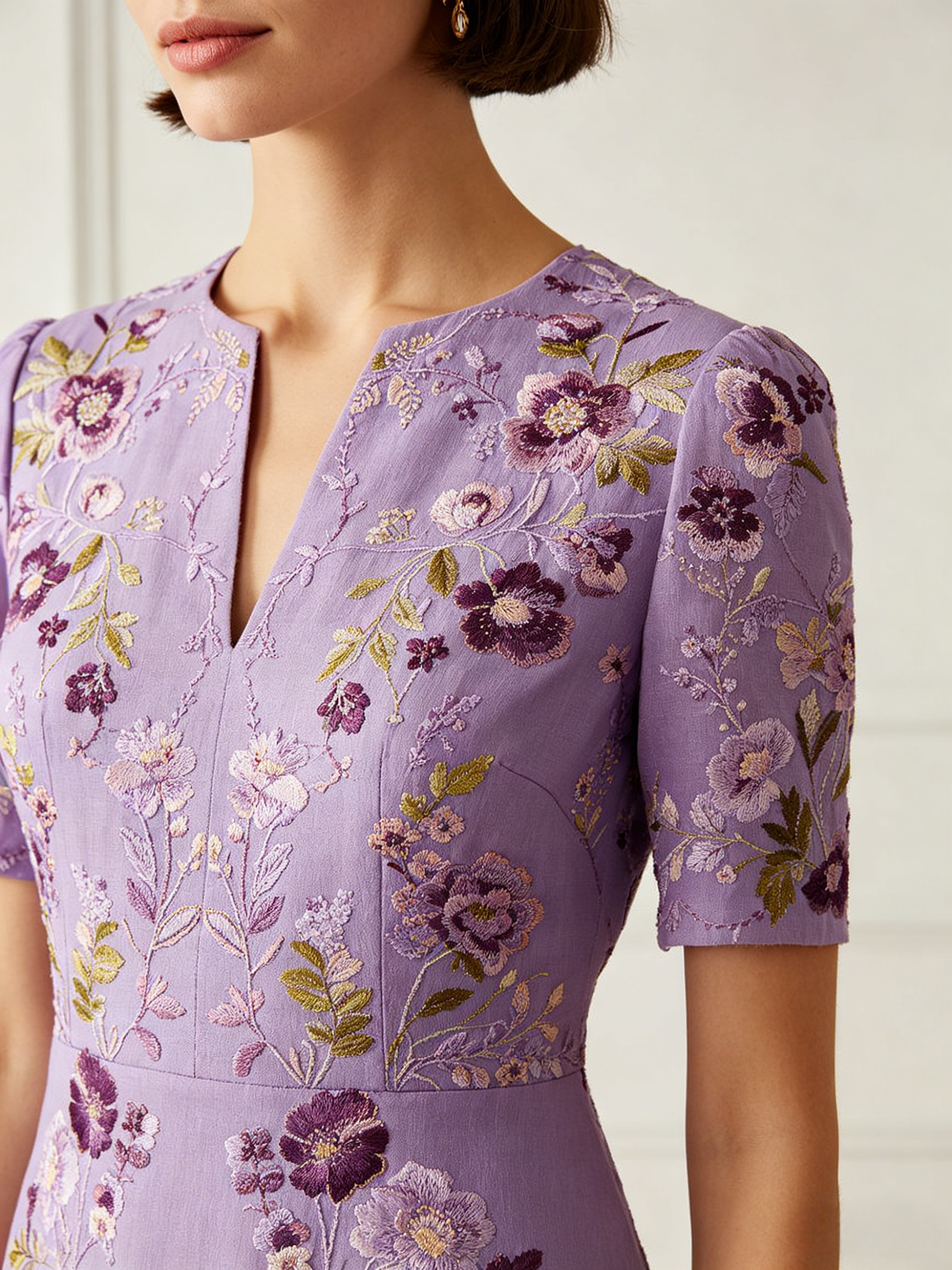 Purple Floral Embroidered Cap Sleeve Midi Dress