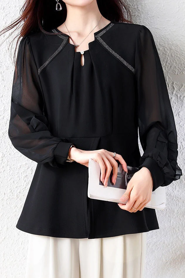 Exquisite Elegant Small V‑Neck Chiffon Spliced Long‑Sleeve Shirt - gazingly