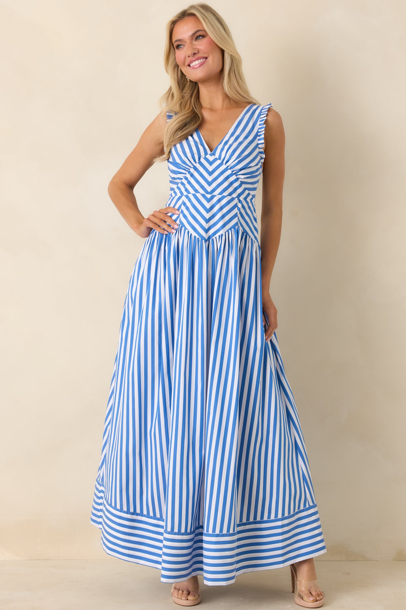 Blue Stripe Cotton Blend Sleeveless Maxi Dress - gazingly