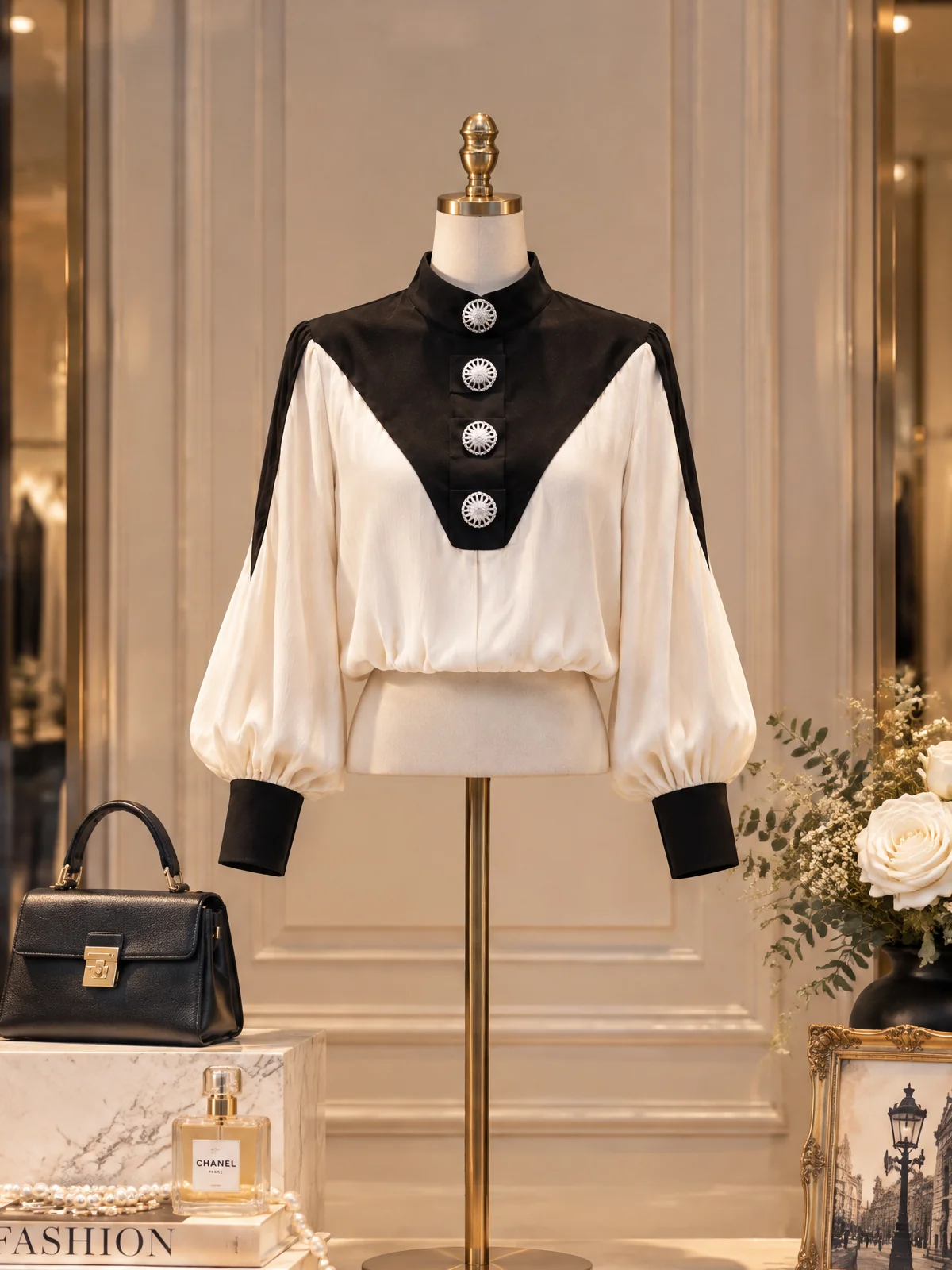 Colorblock Stand-Collar Blouse - jugjet