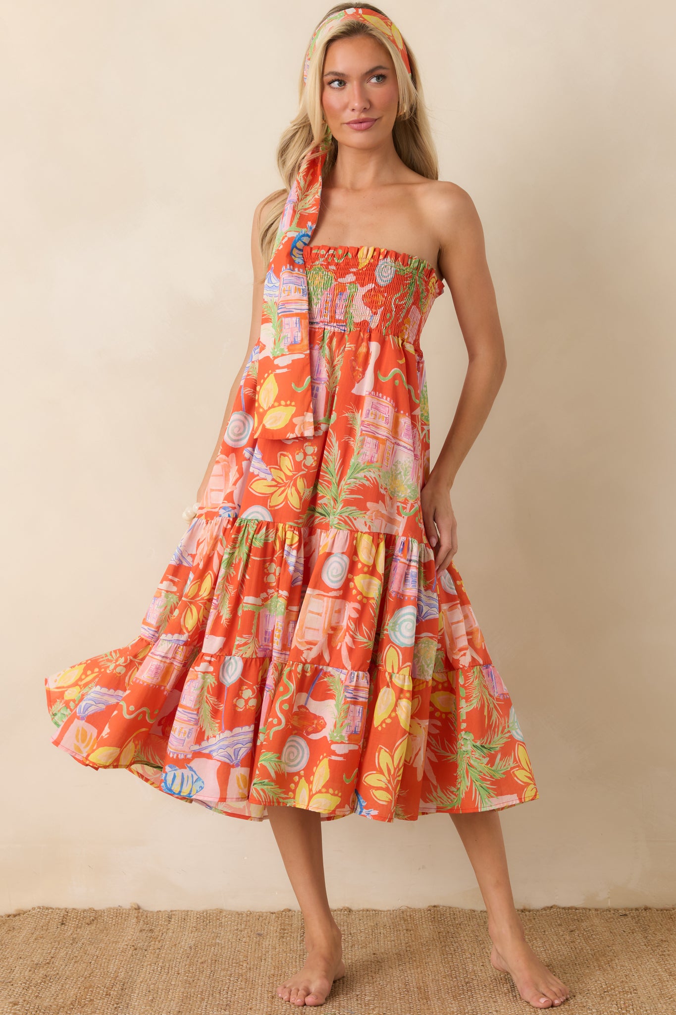 Orange Multi Cotton Convertible Skirt Dress - gazingly