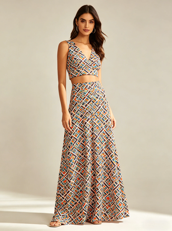Geometric Print V-neck Crop Top & Maxi Skirt Set