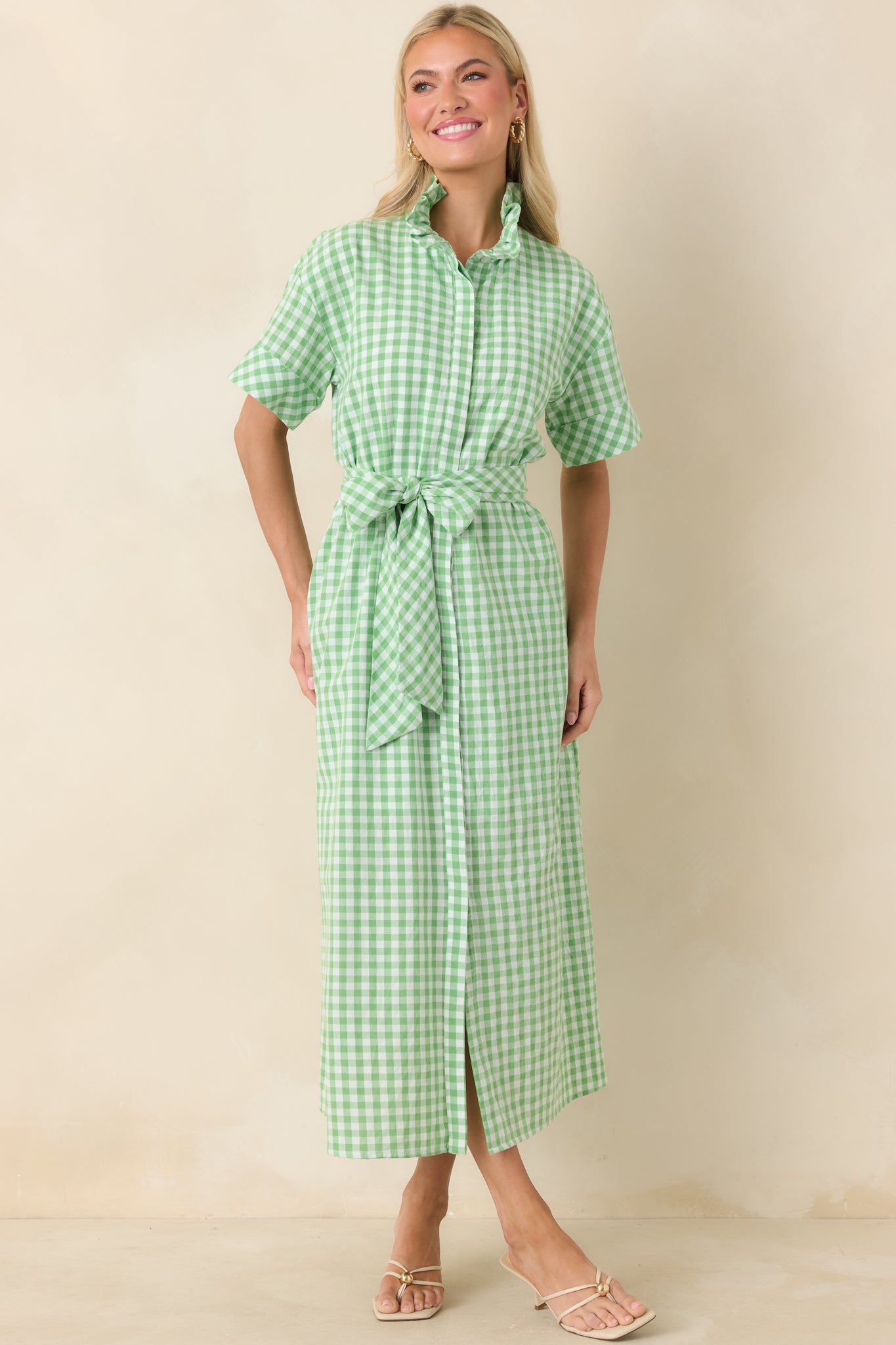 Green Gingham Ruffle Collar Belted Maxi Dress - gazingly