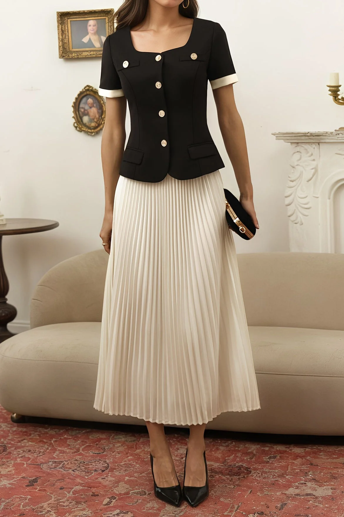 Elegant Color-Block Pleated Blouse & Midi Skirt Two-Piece Set - gazingly