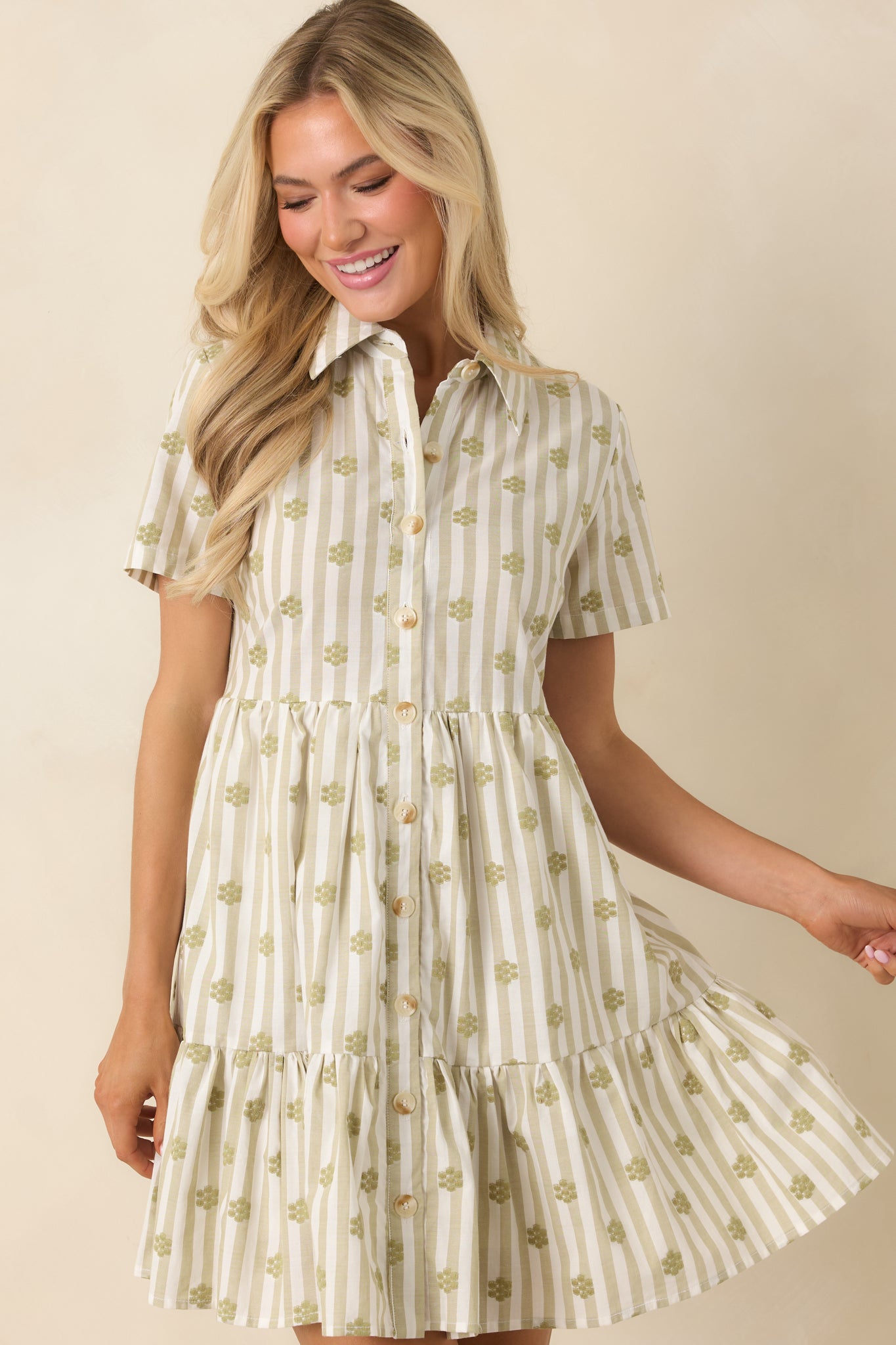 Market Days Sage Green Stripe Floral Embroidered Cotton Mini Dress - gazingly