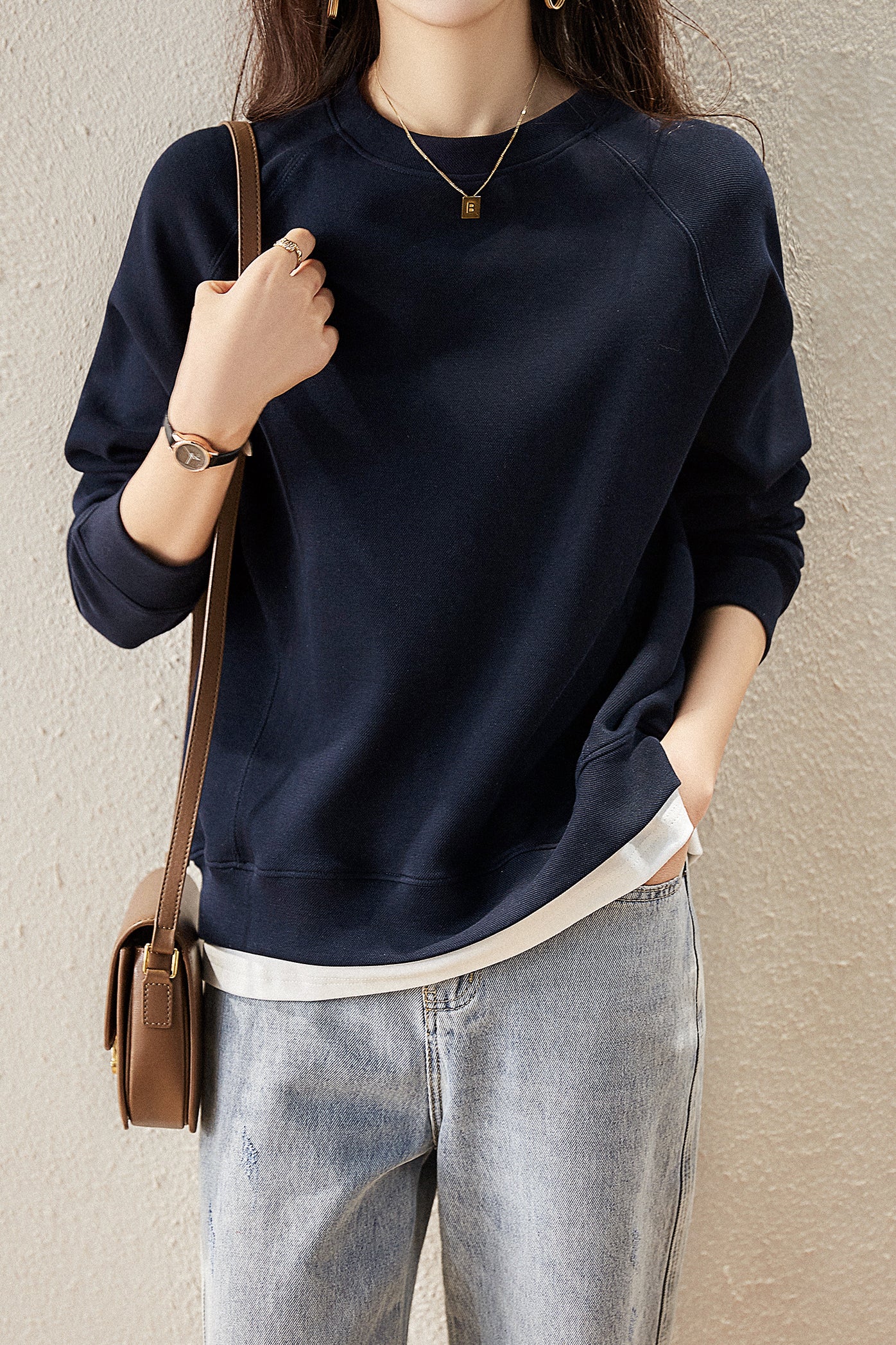 Mixed Material Round Neck Simple Sweatshirt - gazingly