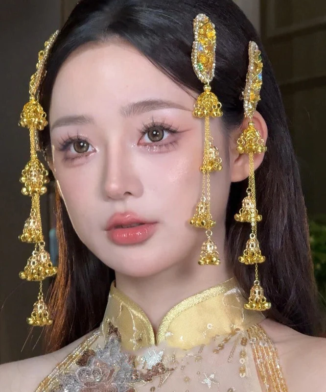 Chinese Style Gold Sterling Silver Alloy Zircon Bell Tassel Hairpin