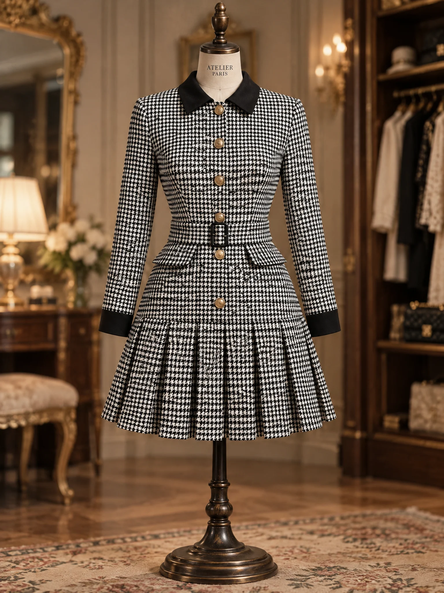 Houndstooth Contrast Collar Belted Long Sleeve Mini Dress - jugjet