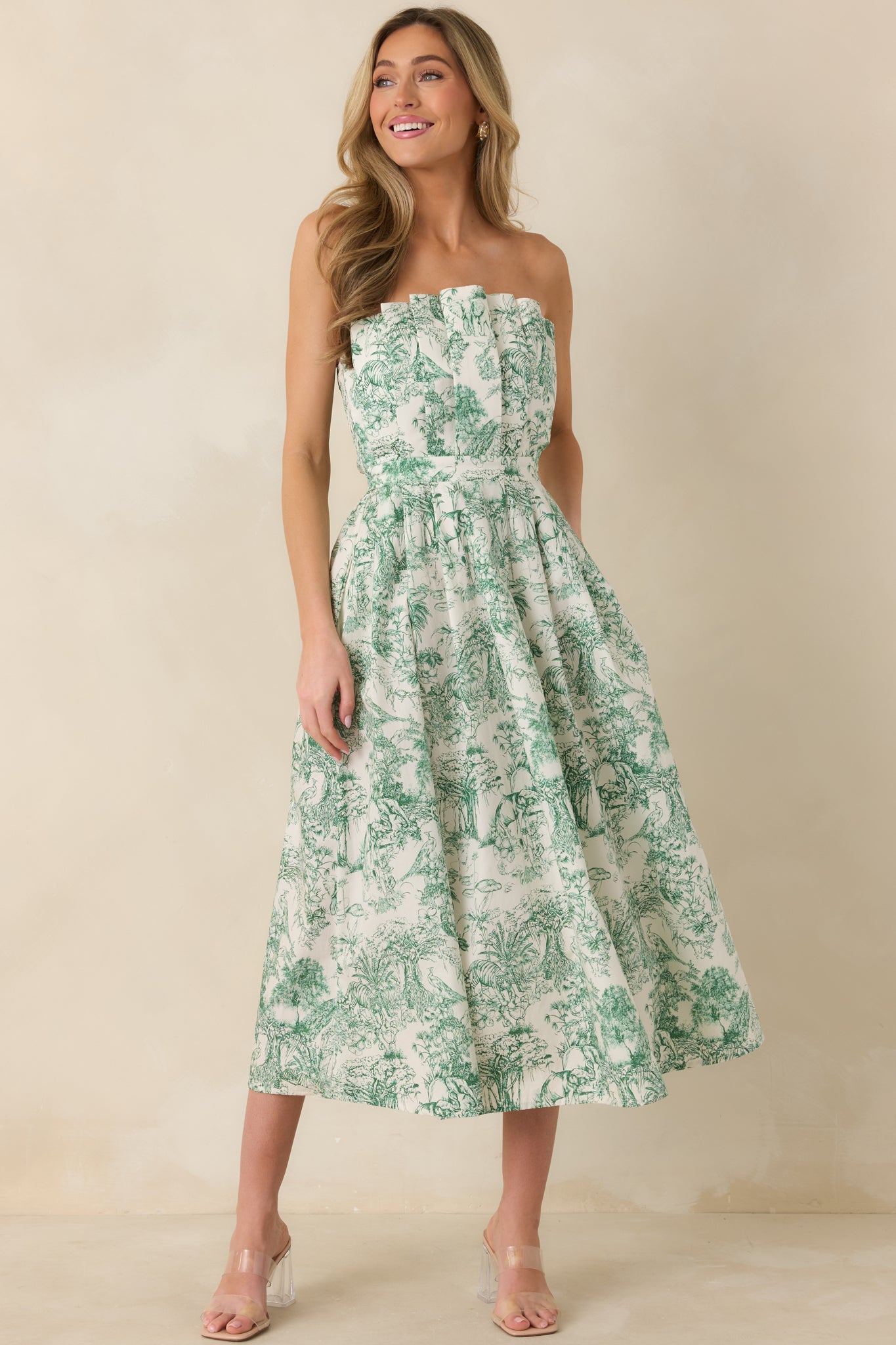 Cotton Green Toile Strapless Midi Dress - gazingly