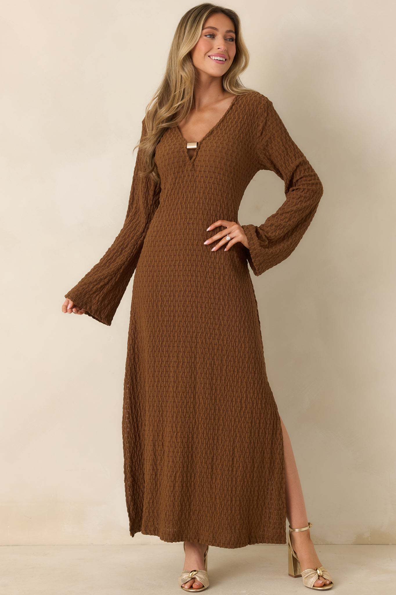 Just a Hint of Glam Brown Textured Semi-Sheer Long Sleeve Maxi Dress - gazingly