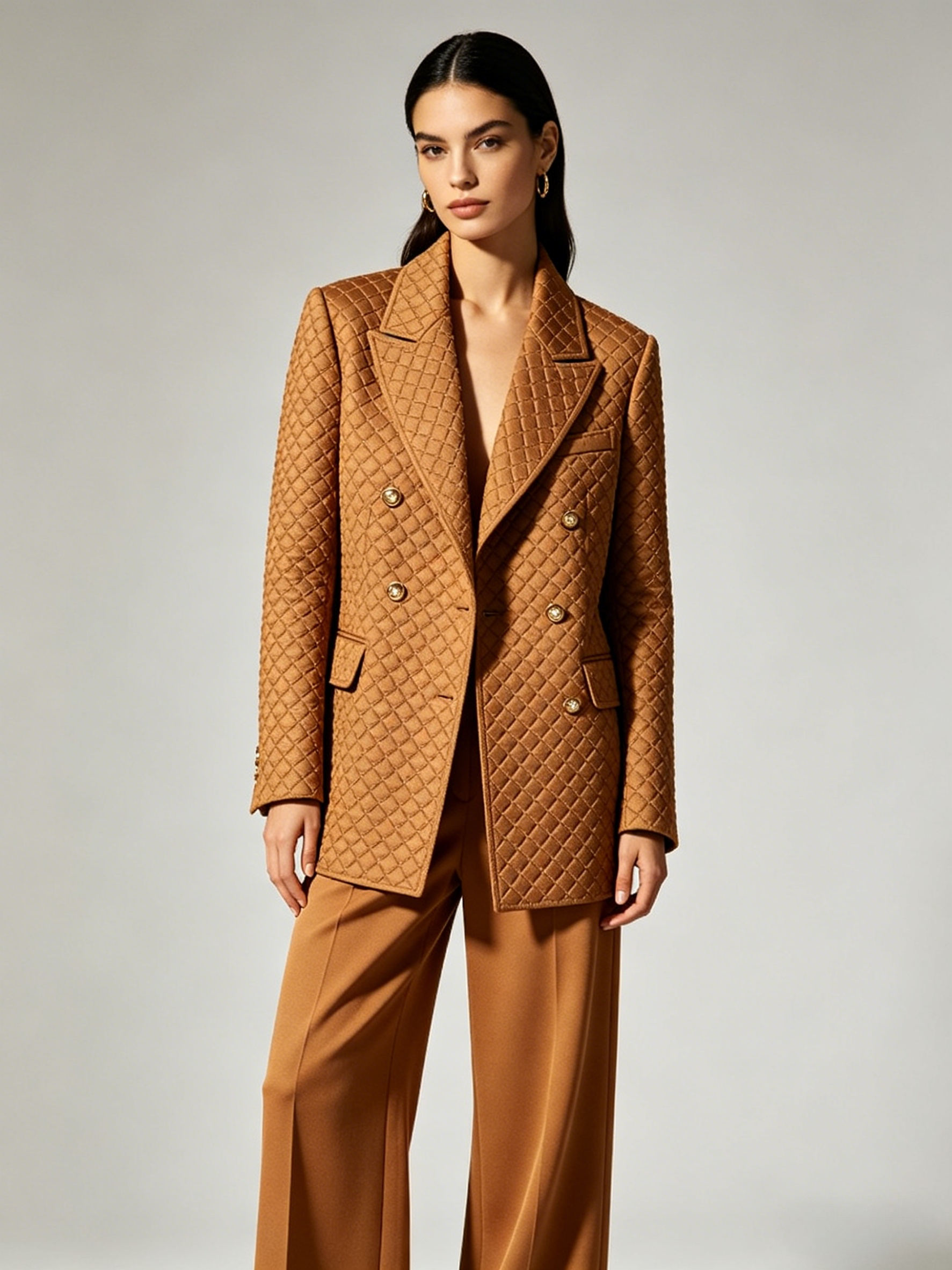 Presence Brown Diamond Blazer & Wide Leg Pants Set
