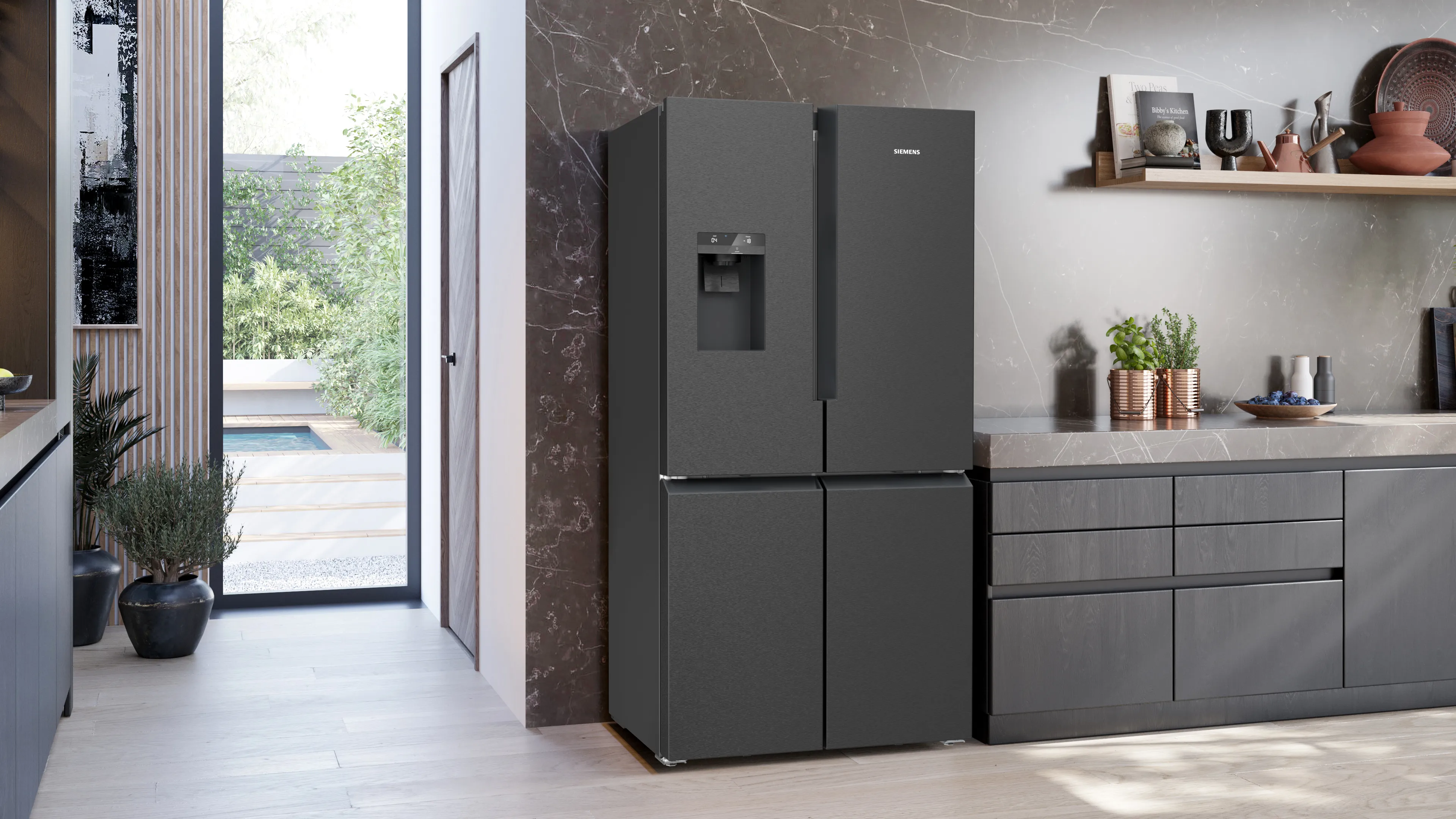 SIEMENS KF96DPXEA iQ700 French door bottom freezer, multi door 183 x 90.5 cm Brushed black steel antiFingerprint, Total noFrost