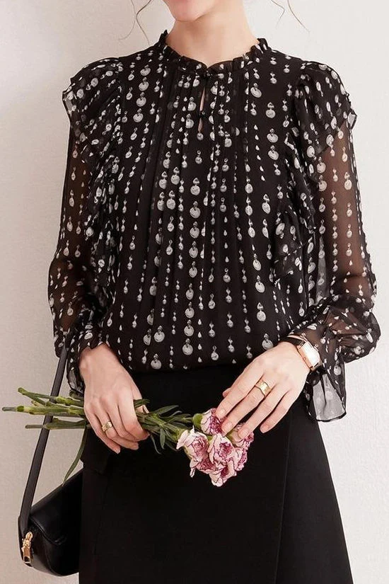 Exquisite Elegant Stand Collar Printed Puff Sleeve Chiffon Blouse - gazingly