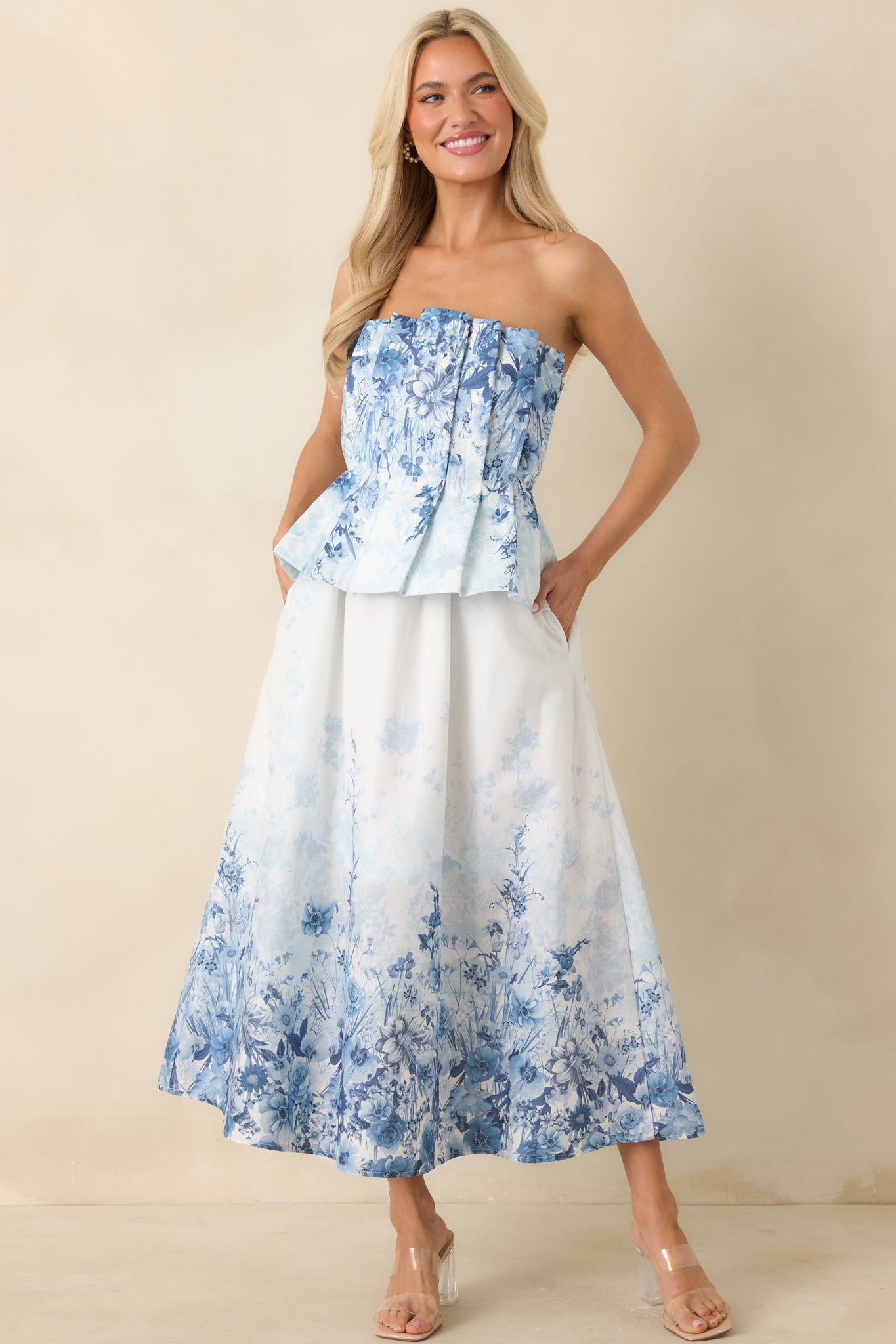 Gathered in Grace Blue Floral Cotton Strapless Midi Dress - gazingly