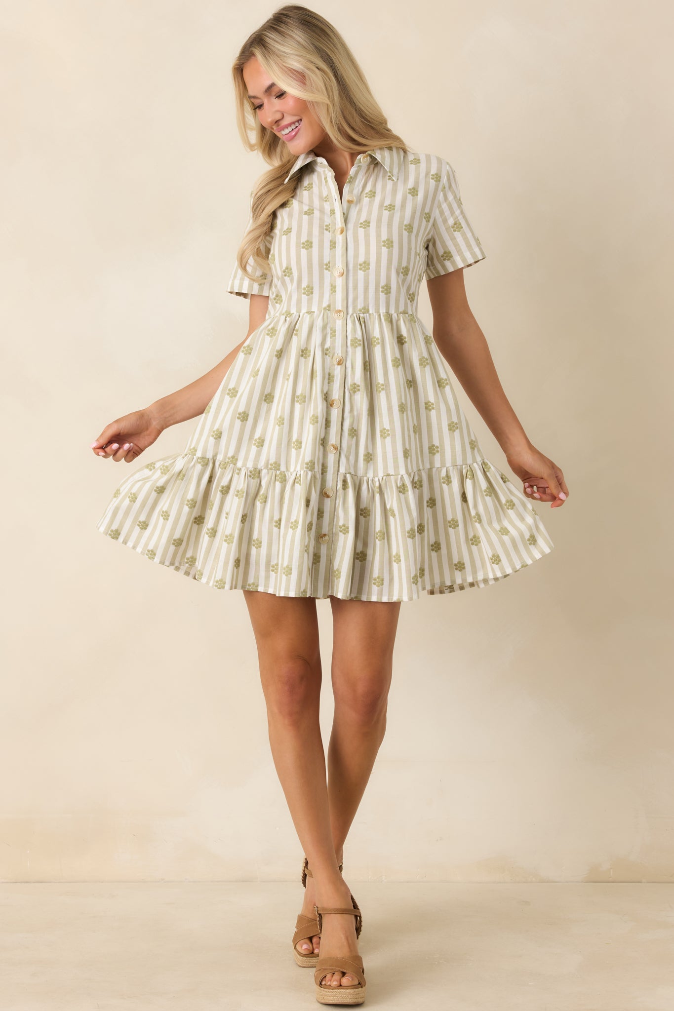 Market Days Sage Green Stripe Floral Embroidered Cotton Mini Dress - gazingly