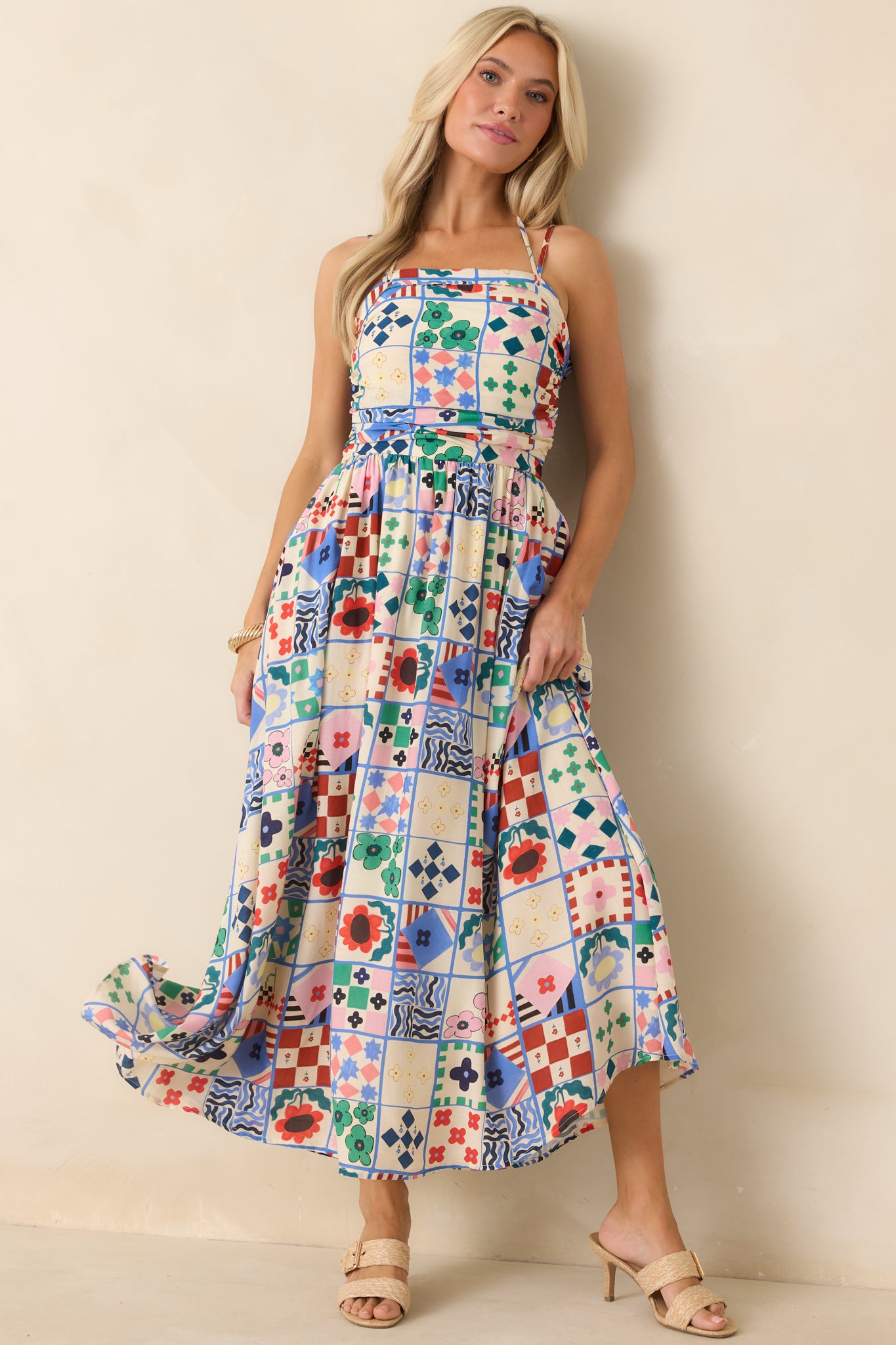 Multi Patchwork Print Sleeveless Maxi Dress - gazingly