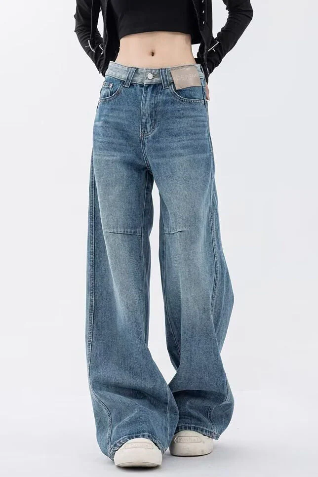 Casual Vintage Washed Spliced Wideeg Denim Trousers - gazingly