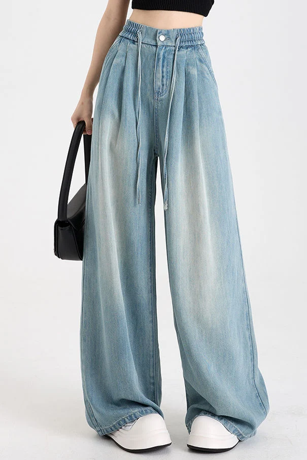 Zipper and elastic waist drawstring denim loose wide-leg pants - gazingly