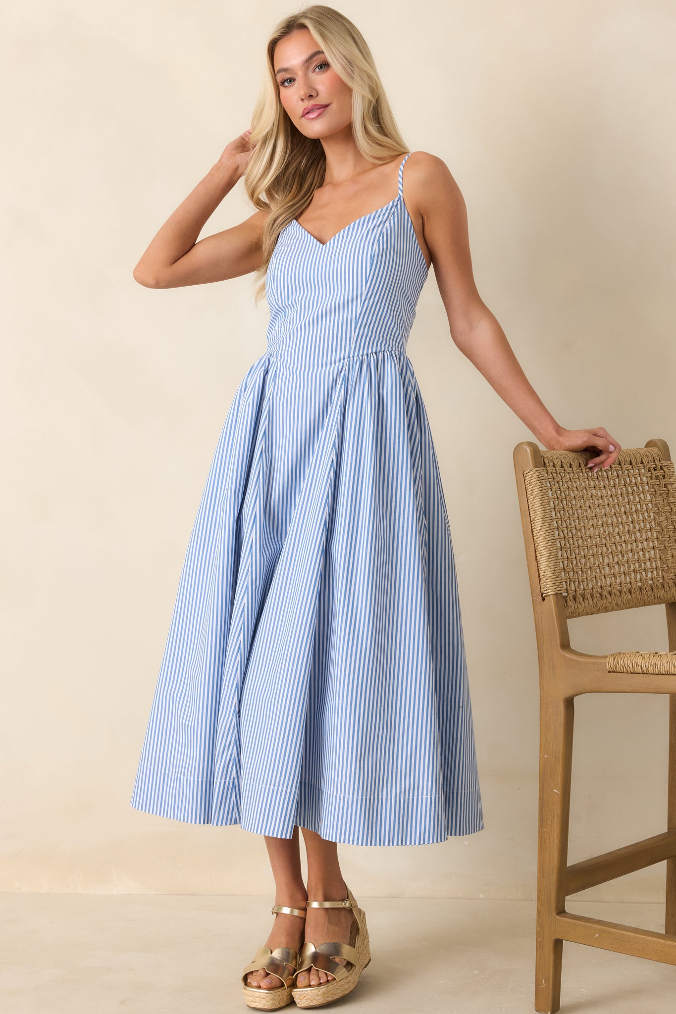 Weekend on the Coast Blue Stripe Sleeveless Midi Dress - gazingly