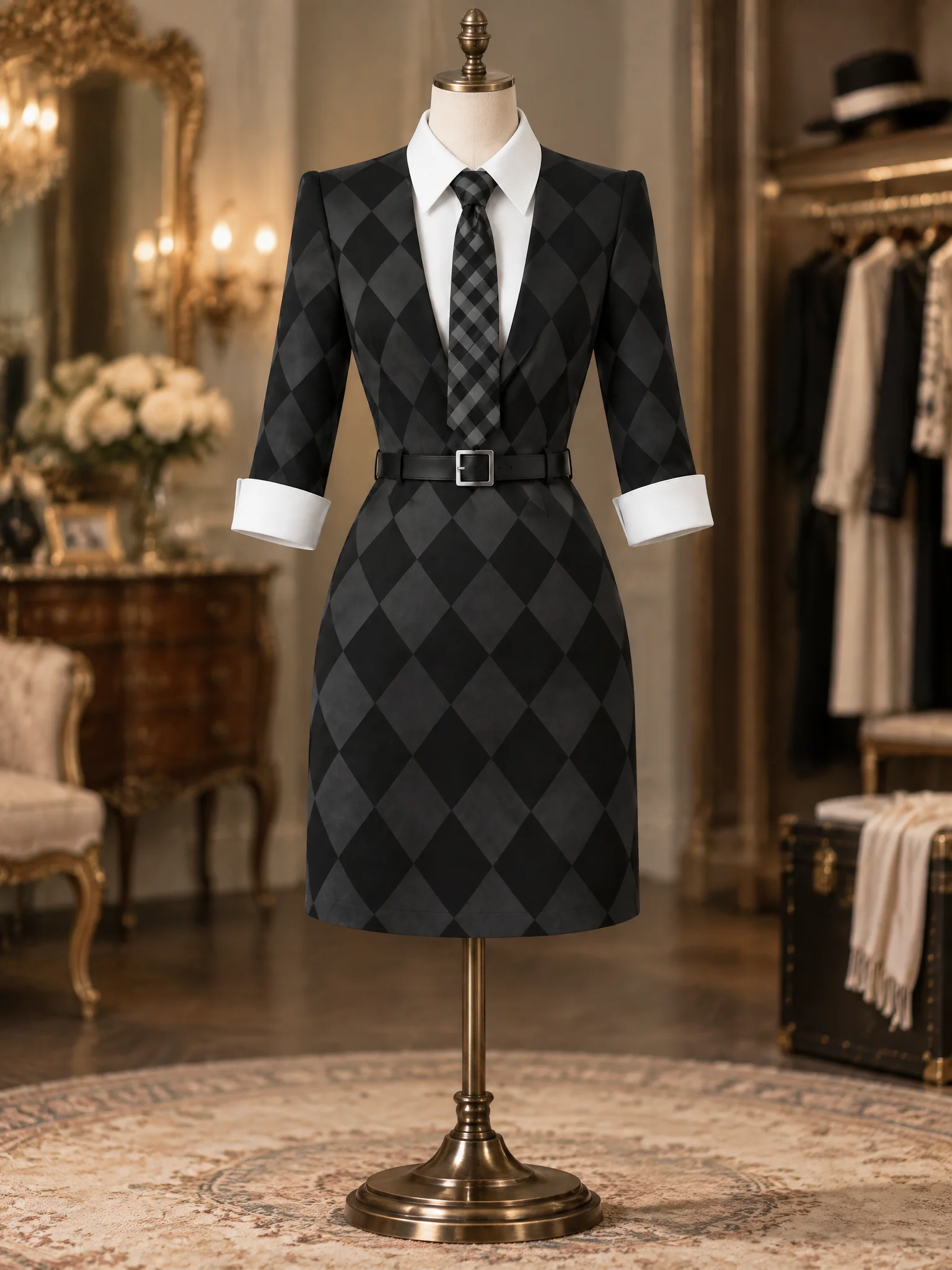 Argyle Two-Piece Illusion Collared Tie Belted Bodycon Mini Dress - jugjet
