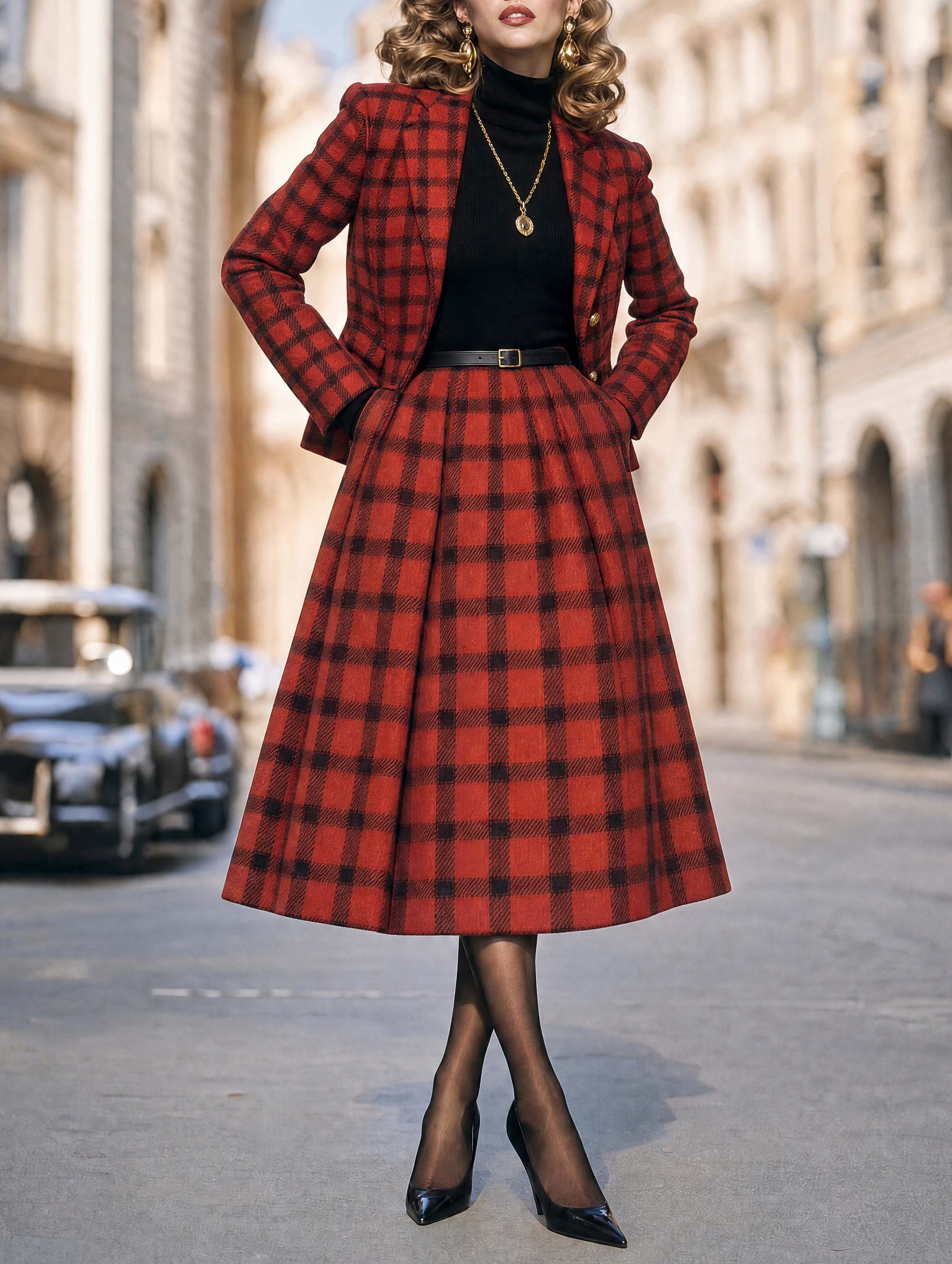 Plaid Blazer Midi Skirt Outfit - jugjet