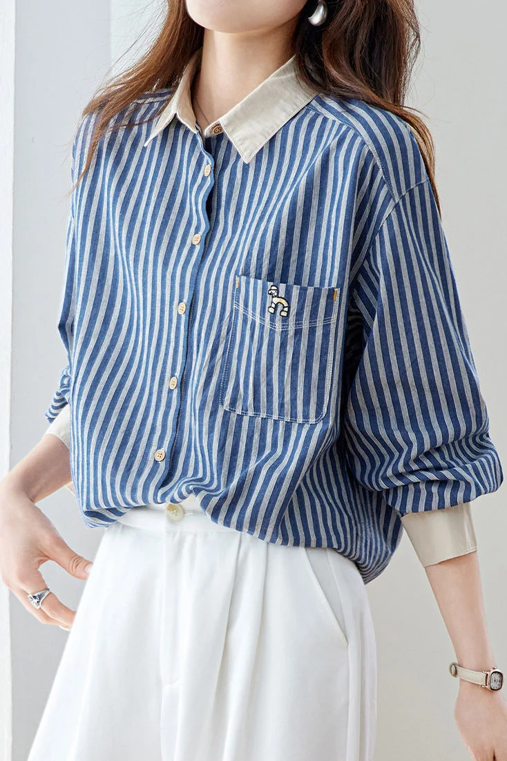 Elegant Casual Color‑Blocked Lapel Long‑Sleeve Striped Shirt - gazingly